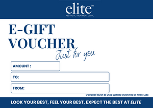 E-gift voucher for Elite Aesthetic Treatment Clinic with designated fields to enter the amount, recipient's name (To), and sender's name (From). Includes the message 'Just for you' and a note that the voucher must be used within 6 months of purchase